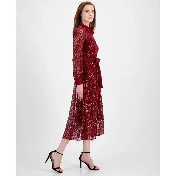 Anne Klein Petite Sequined Mixed-Media Tie-Waist A-Line Dress Red Size 12P  $159
